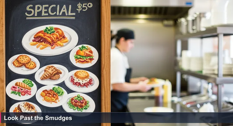 A weathered chalkboard menu in a bustling San Bernardino diner, showing ranked 'Chef's Specials' with smudged lower numbers, symbolizing the hidden complexities behind tech salary rankings.
