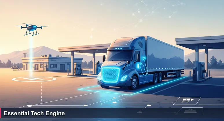 A highway rest stop at dawn with an electric semi-truck charging and a delivery drone taking off, representing San Bernardino's efficient tech infrastructure