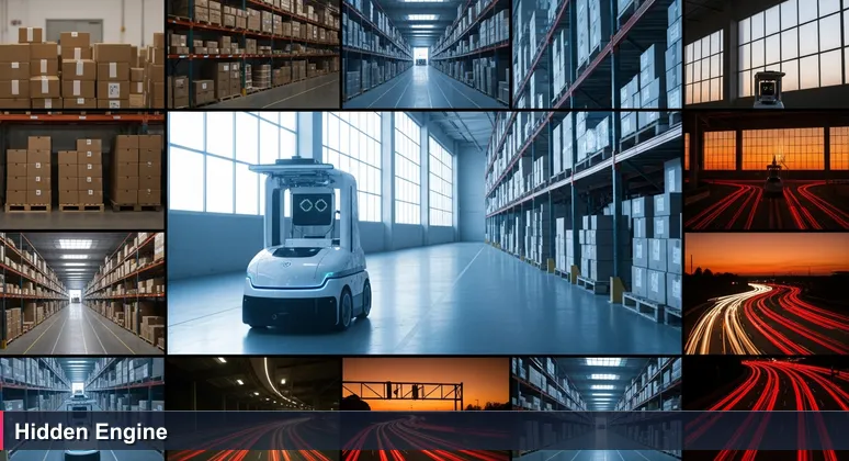Dusk scene inside an Amazon fulfillment center in the Inland Empire, with an autonomous robot moving down an aisle and freeway traffic visible through windows.