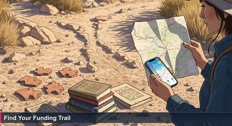 A hiker at a San Bernardino mountain trailhead with unmarked paths, holding an outdated map and a smartphone showing a live trail app.