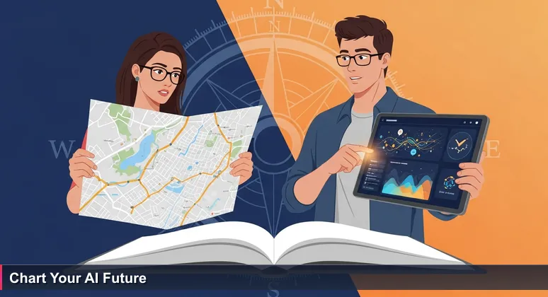 A tourist confused by a simple map of San Bernardino next to a local guide displaying a detailed digital map with AI salary data and career paths