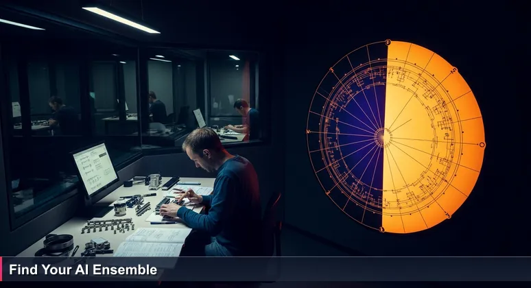 A solo musician in a soundproof practice room, poised with an instrument, while blurred figures of other musicians are visible through the glass, symbolizing isolation versus community in AI learning.