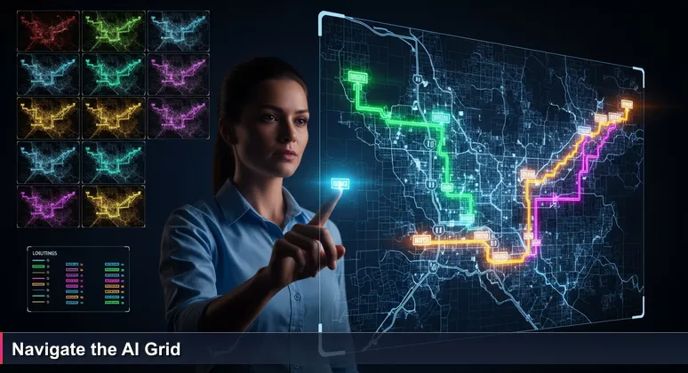 A logistics manager in a San Bernardino fulfillment center analyzes a digital routing board with AI-optimized routes across the Inland Empire map.