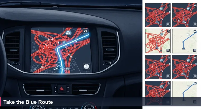 A car dashboard GPS screen at night shows a red congested freeway and a glowing blue alternative route, symbolizing smart career paths in tech for San Bernardino.