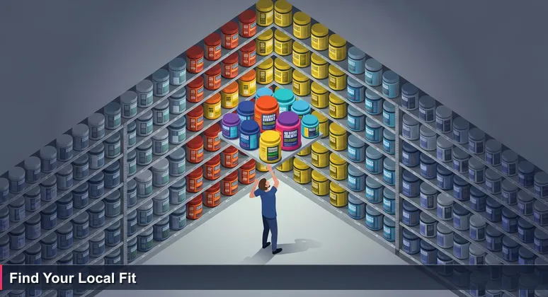 A person overwhelmed in a warehouse aisle, facing a wall of protein powder containers, symbolizing the challenge of choosing the right AI bootcamp in San Bernardino.