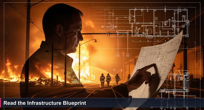 A firefighter examines a building blueprint amidst a warehouse fire, representing cybersecurity expertise focused on San Bernardino's critical infrastructure.