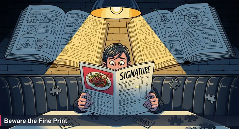 A person in a San Bernardino diner booth holding a menu, focusing on fine print that lists hidden costs like service fees and surcharges.