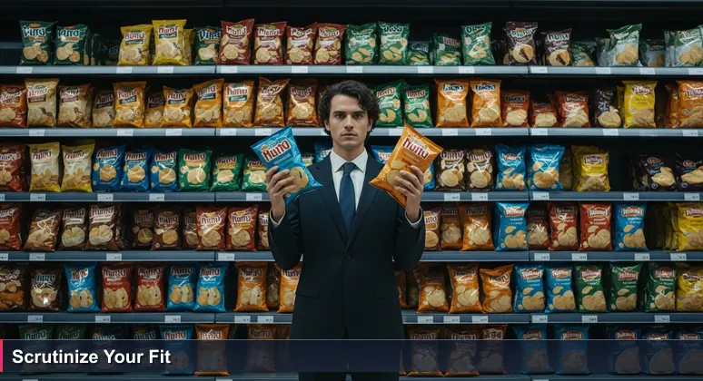A junior developer in San Bernardino compares two tech startup opportunities, symbolized by identical snack bags in a bright supermarket aisle.