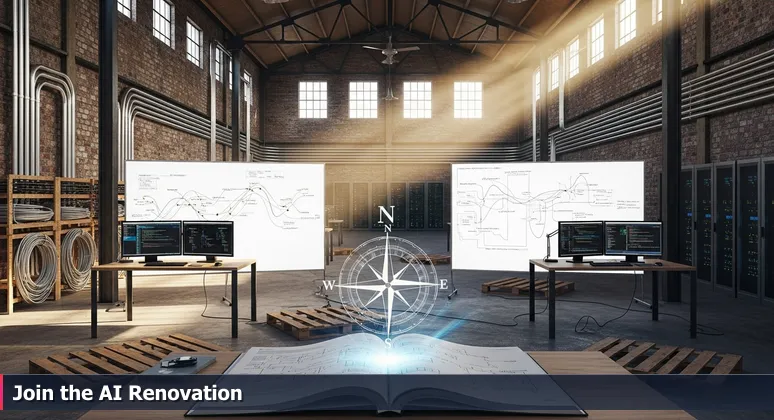 A renovated warehouse in McAllen, TX, with exposed brick walls, steel beams, new conduit lines, fiber optics, whiteboards with AI algorithms, and coding workstations, symbolizing career growth in artificial intelligence.
