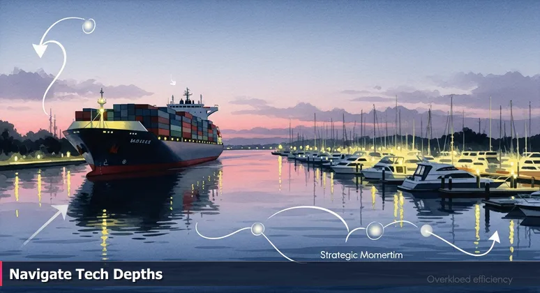 A dusk scene of a calm shipping canal with a large container ship gliding past smaller docked boats at a lit marina, symbolizing McAllen's understated tech career momentum.