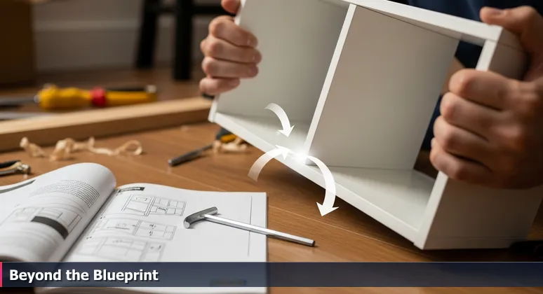Close-up of hands holding a wobbly IKEA shelf with an allen wrench on the floor, symbolizing the gap between following tutorials and building stable AI systems.