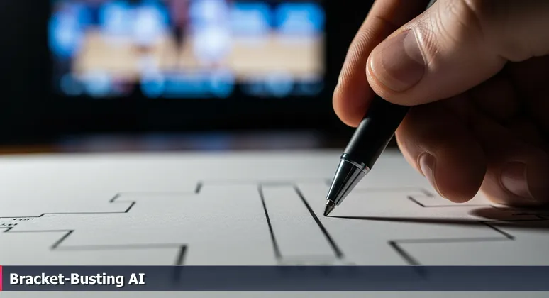 Hand holding a pen over a blank March Madness bracket with a basketball game on TV, symbolizing the anticipation of picking underdog AI startups in McAllen, Texas.