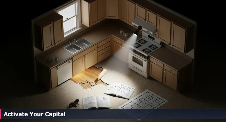 A contractor's flashlight beam reveals hidden hardwood floors under worn linoleum in a kitchen, symbolizing the discovery of financial resources for tech training in McAllen, TX.