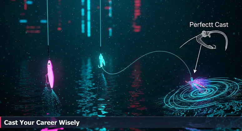 Close-up of two fishing lines in the Rio Grande, one with a generic lure and one with a precise fly, symbolizing strategic career moves in McAllen's AI job market.