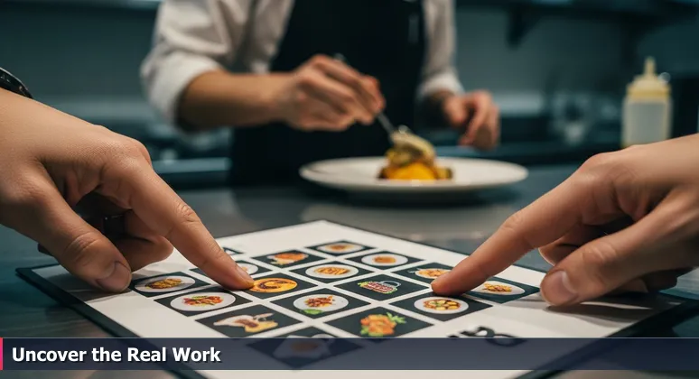 Close-up of a menu labeled 'Top 10 AI Jobs' with fingers pointing, blurry background of a kitchen with AI project symbols, representing hidden career opportunities in McAllen, TX.