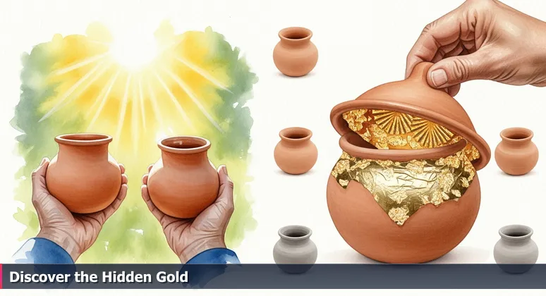 Weathered hands hold two clay pots from a McAllen market; one pot reveals a hidden gold-leaf pattern inside, symbolizing undiscovered tech opportunities.