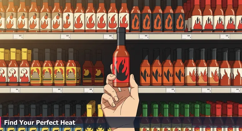A hand hesitates over a shelf filled with assorted hot sauce bottles, symbolizing the decision-making process for choosing an AI bootcamp in McAllen, Texas.