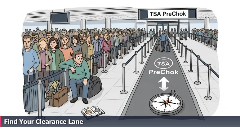 A visual metaphor showing a crowded airport security line next to a fast TSA PreCheck lane, representing specialized cybersecurity career paths in McAllen's 2026 job market.