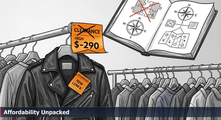 A bright orange clearance sticker on a leather jacket in a store, symbolizing the value calculation for tech professionals considering McAllen, TX.