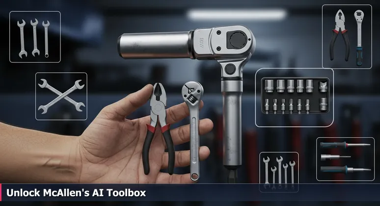 A mechanic's hand in a McAllen auto shop toolbox, symbolizing AI as a specialized tool for industries like healthcare and logistics.