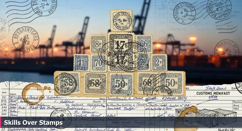 Close-up of a customs manifest with an official stamp and handwritten notes in the margins, symbolizing practical skills over formal degrees in McAllen's tech job market.