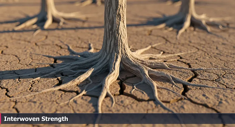 A close-up cross-section of mesquite tree roots intertwined in dry South Texas soil, symbolizing the resilient support network for women in technology in McAllen.