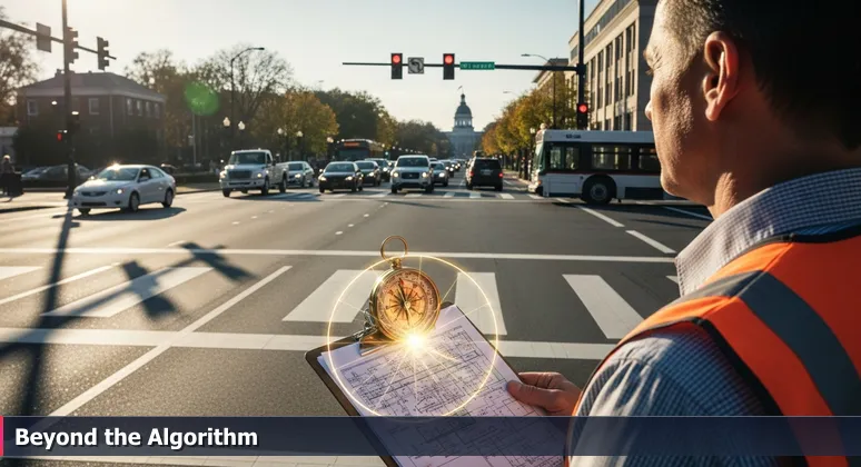 A traffic engineer in downtown Columbia observes hesitant commuters at a smart intersection, illustrating AI integration challenges in local careers.