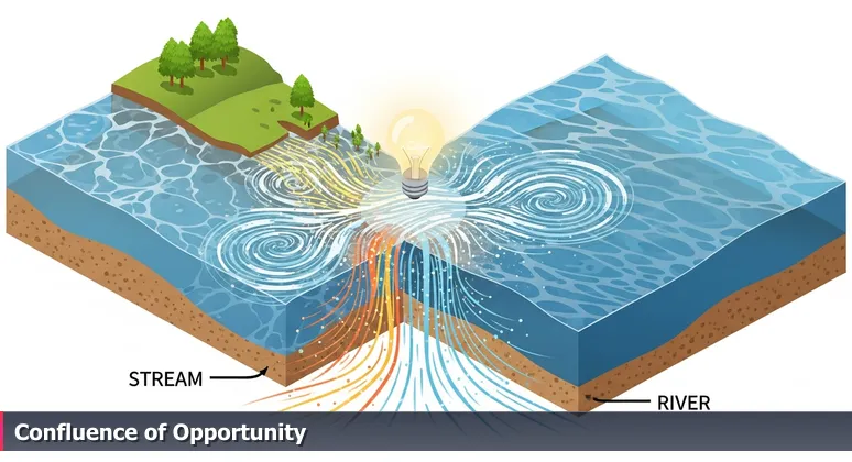 Close-up image of a clear stream flowing into a wide river, symbolizing Columbia SC as a dynamic tributary fueling the regional tech ecosystem.