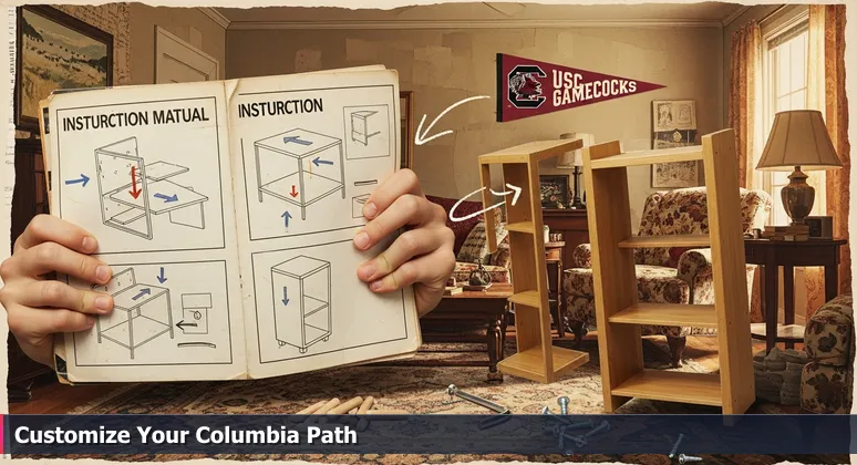 Hands holding IKEA instructions with a wobbly bookshelf in a Columbia apartment, USC Gamecocks pennant visible, symbolizing frustration with generic career plans.