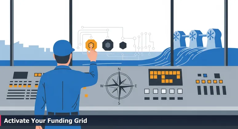 Control room technician at a Columbia hydroelectric dam poised to activate funding switches for tech training, with the Broad River in the background.