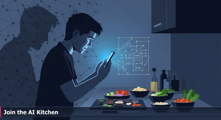 A frustrated individual studying AI code alone in a kitchen, symbolizing the need for community in AI learning.