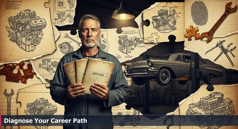 A mechanic holding repair manuals symbolizes cybersecurity professionals diagnosing sector-specific job markets in Columbia, SC, with tools representing certifications and expertise.