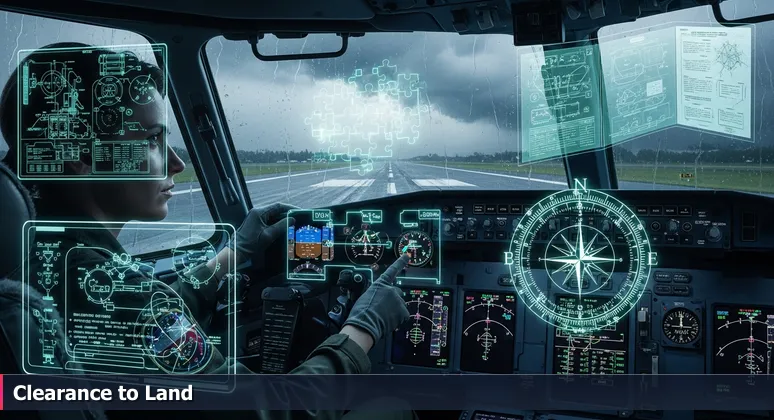 A pilot in a cockpit pointing at a fuel gauge near reserve, with a runway visible through the windshield, symbolizing financial planning for tech careers in Columbia, SC.