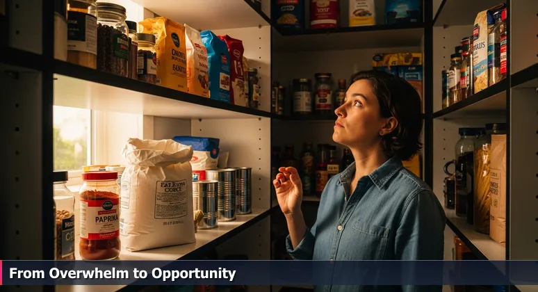 A person in Columbia, SC, thoughtfully looking at a pantry full of ingredients, symbolizing abundant free tech training resources available locally.