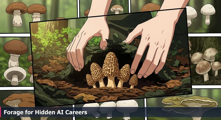 A forager's hands uncovering prized morel mushrooms in a dense forest, symbolizing hidden AI career opportunities in Columbia, SC.