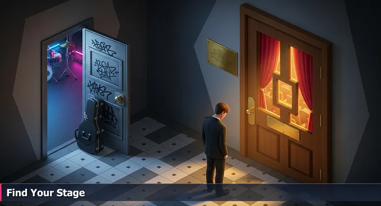 A musician backstage choosing between a formal concert hall door and a gritty club door, symbolizing the decision between different tech coworking spaces in Columbia, SC.