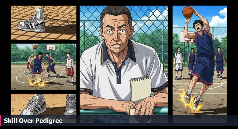 A basketball scout watches a pickup game on a cracked asphalt court in Columbia, symbolizing employers seeking tech talent based on skill over degrees.