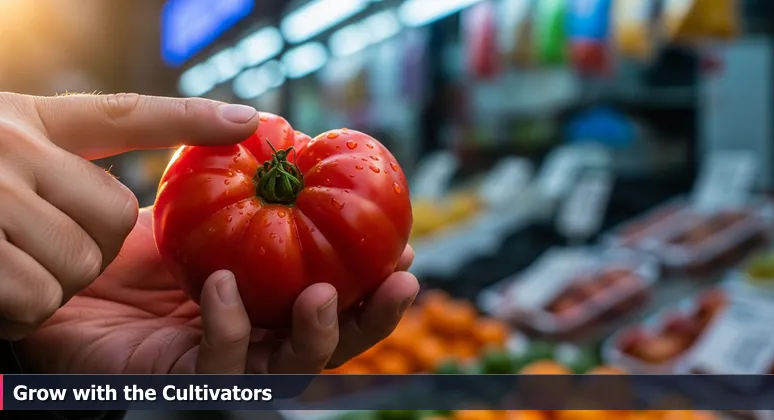 Close-up of a hand testing the firmness of an heirloom tomato at Columbia's Soda City Market, symbolizing the search for promising tech startups.