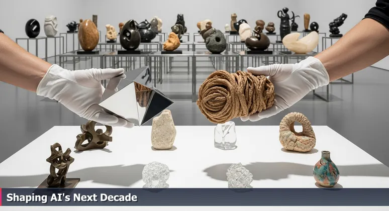 A curator in white gloves carefully arranges abstract sculptures on a white plinth, symbolizing the selection of top AI startups in Austin's vibrant ecosystem.