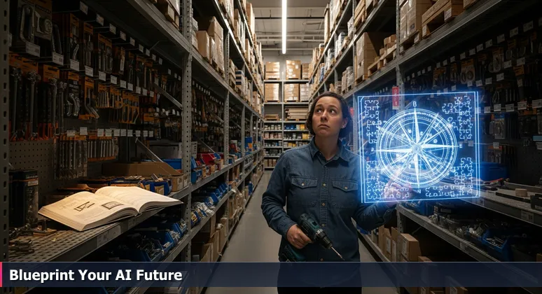 A person standing frozen in a hardware store aisle, holding a drill, surrounded by tools, symbolizing the overwhelm of starting an AI career without a plan in Austin, Texas.