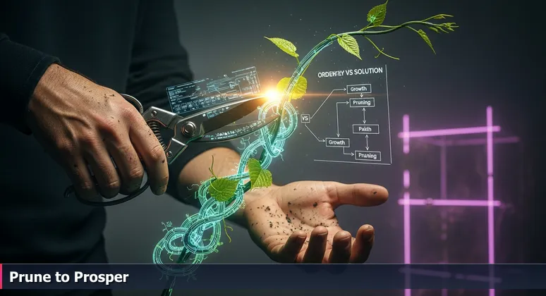 A gardener's weathered hands pruning a fast-growing vine with shears, with a sturdy trellis in the background, symbolizing Austin's tech growth being strategically shaped.