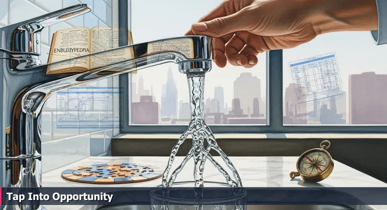 A hand turning on a kitchen faucet in a modern Austin home, with clear water flowing into a glass and the downtown skyline visible through the window.