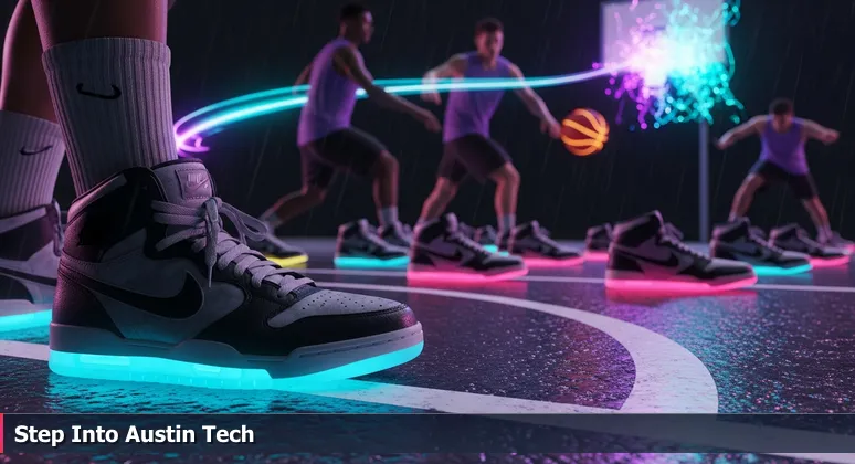 Worn sneakers poised at the edge of a basketball court, symbolizing the moment before joining Austin's competitive tech industry.