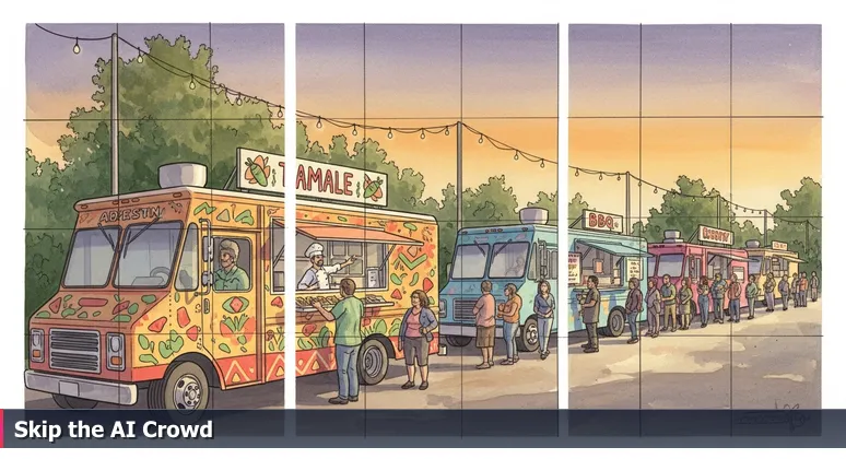 Austin food truck park scene with a long line at a BBQ truck and a shorter line at an AI-Powered Tamales truck, representing hidden AI job opportunities in 2026