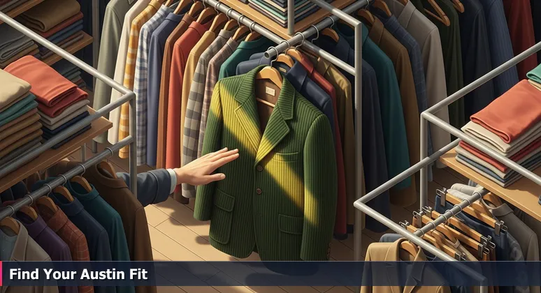 Close-up of a hand feeling a unique jacket on a crowded vintage rack in an Austin thrift store, symbolizing the hunt for the perfect tech startup job.