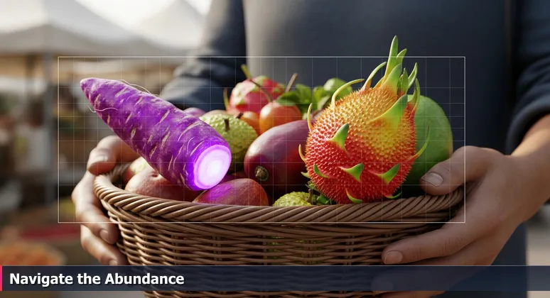 Hands holding a woven basket overflowing with colorful produce at an Austin farmer's market, symbolizing the abundance of tech career opportunities for women.