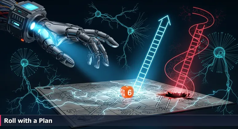A hand hovering over a Chutes and Ladders board game, with dice showing a six and fingers pointing to funding ladders and chutes for Baton Rouge tech training opportunities.