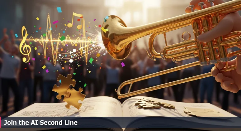 Close-up of musicians' hands playing brass instruments in a Baton Rouge second line parade, symbolizing AI community collaboration