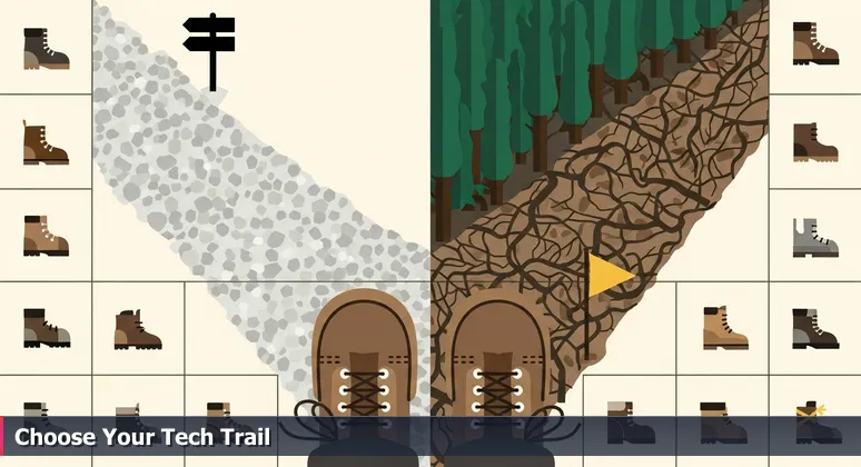 Close-up of hiking boots at a trail fork in a Louisiana forest, with one clear path and one overgrown path, symbolizing tech career choices in Baton Rouge.