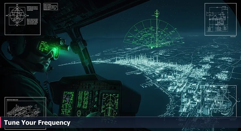 A cybersecurity professional in a helicopter cockpit using night vision to scan Baton Rouge's critical infrastructure below, with pulsing lights representing digital vulnerabilities.